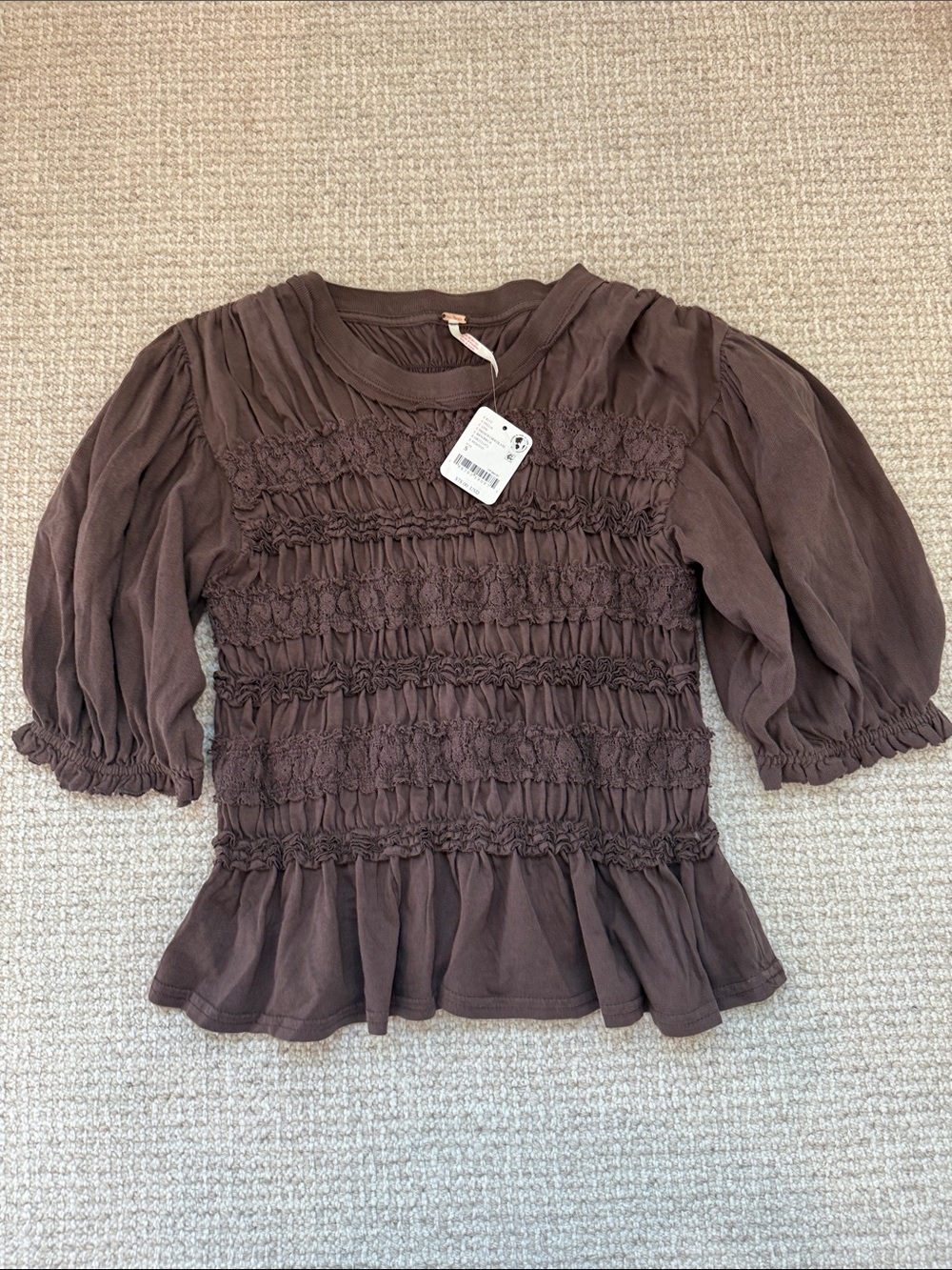 Free People Chocolate Brown Smocked Peplum Blouse - NWT Size S - Picture 3 of 7